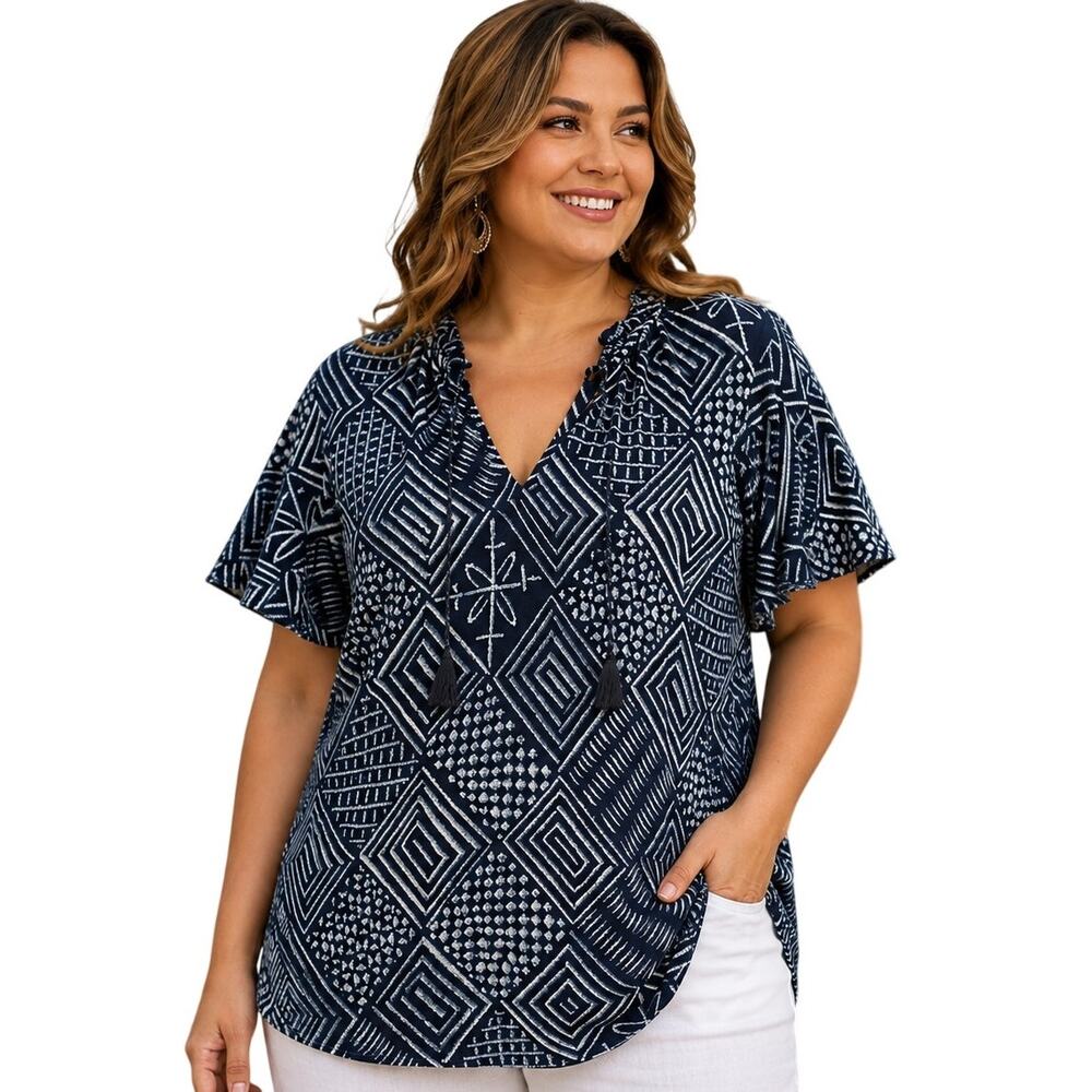 Lauren Ralph Lauren Peasant Top Womens 2X Navy Batik Linen Ruffled Tassel Knit